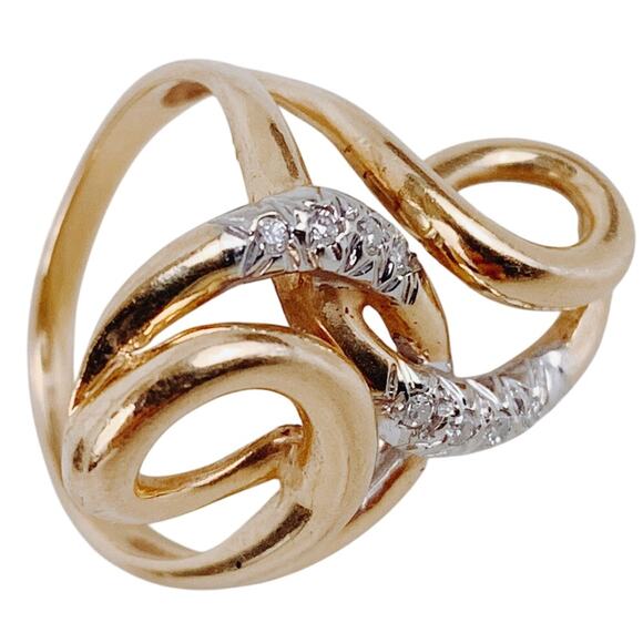 14K Gold Mid Century Diamond Cocktail Ring Retro Swirl Design VTG Ring, 50s 60s
